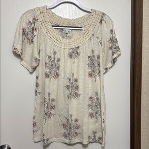 LUCKY BRAND Floral Crochet Neck Blouse Boho Cream Top Size Small